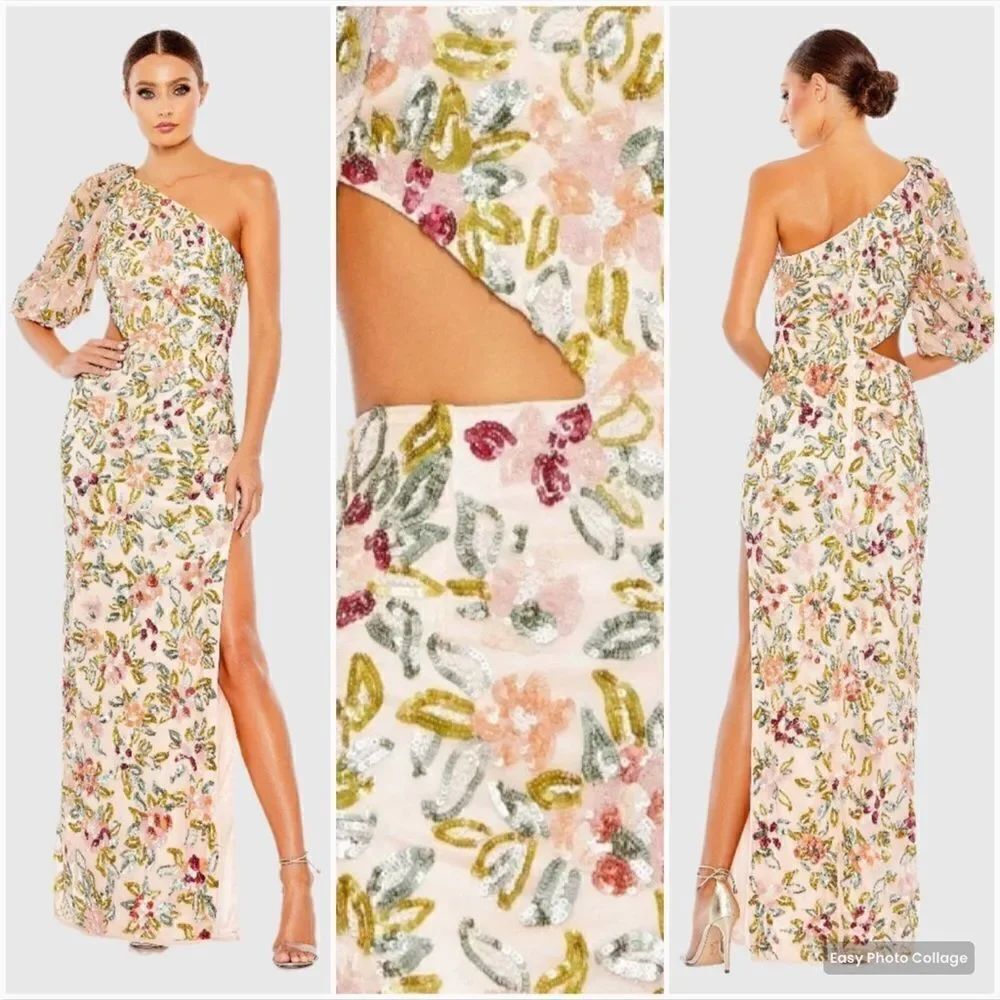 Mac Duggal 5567 Womens ONE SHOULDER FLORAL EMBELLISHED GOWN Dress
